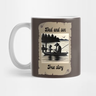 Dad and son are fishing on a boat Mug